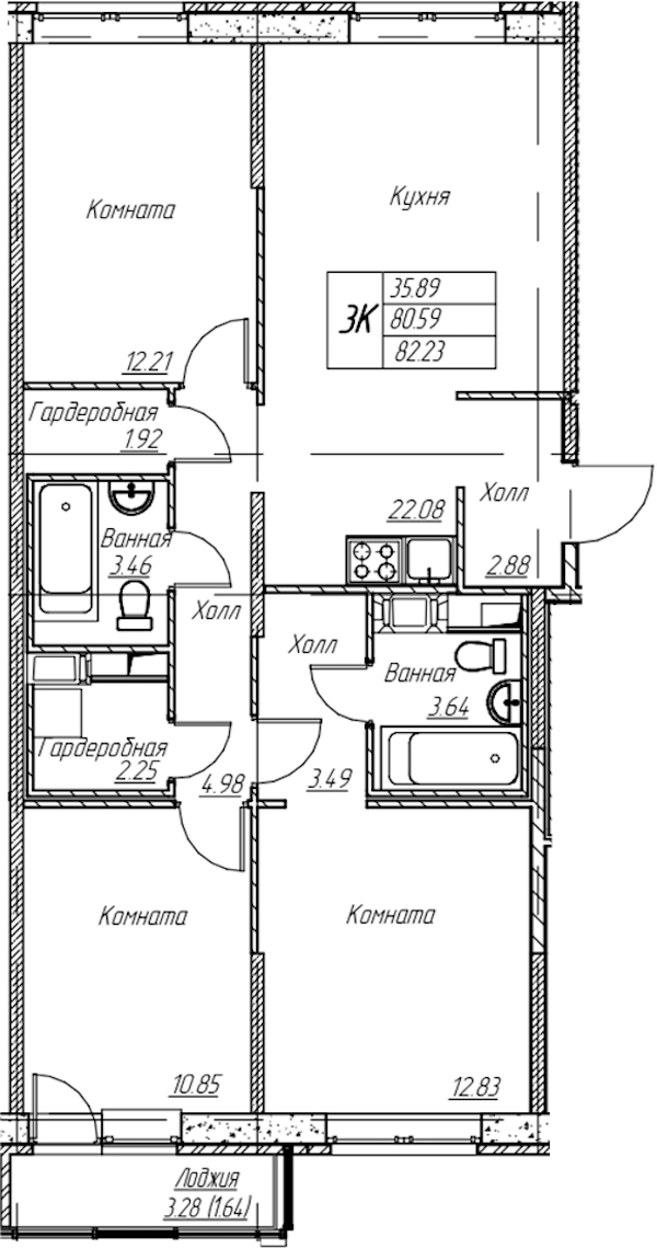 3-комнатная квартира 82.23 м², 21/22 эт., ЖК «Парк-квартал Юнтолово»